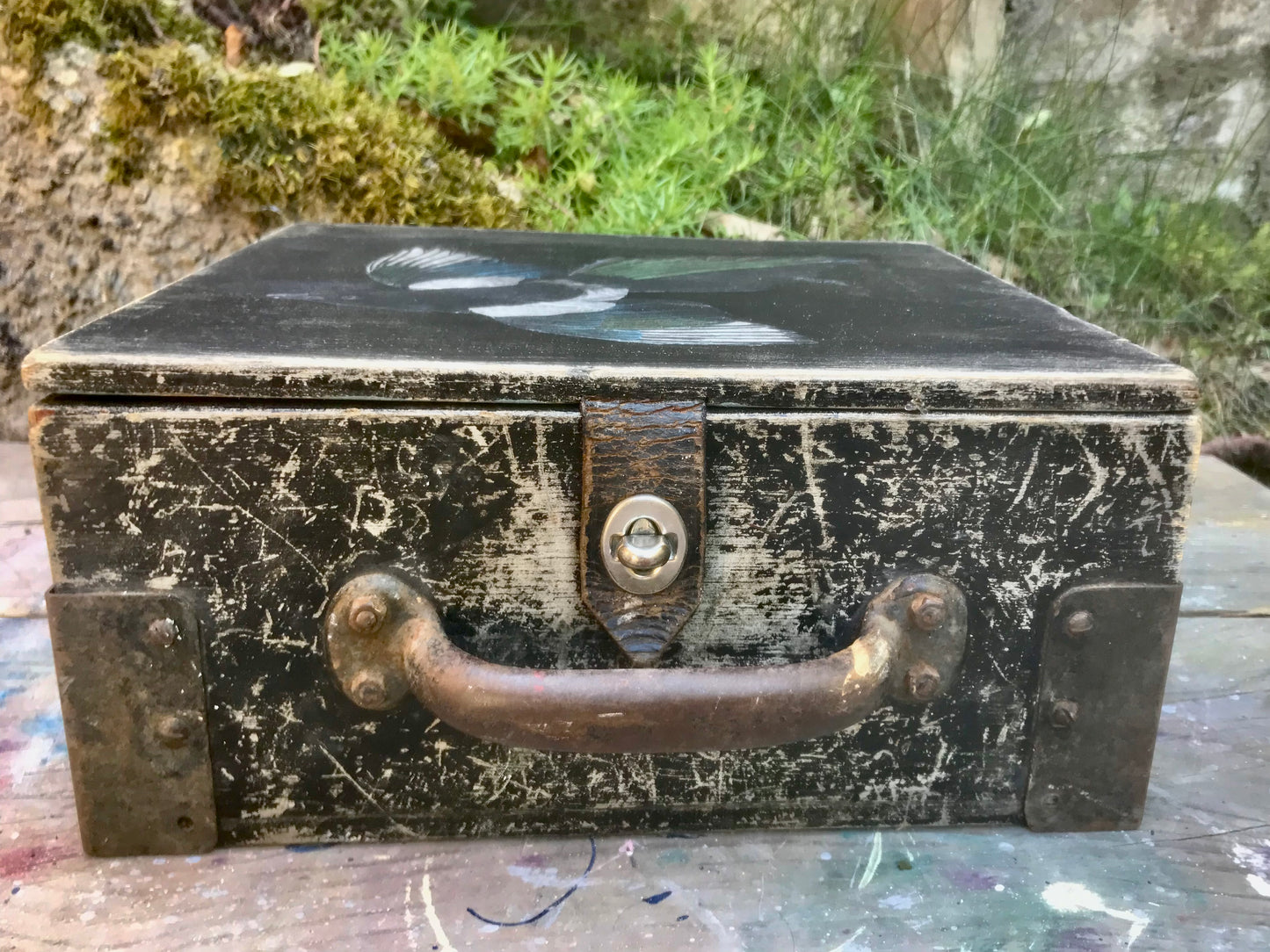 Vintage box in original black paint with Magpie decoupage