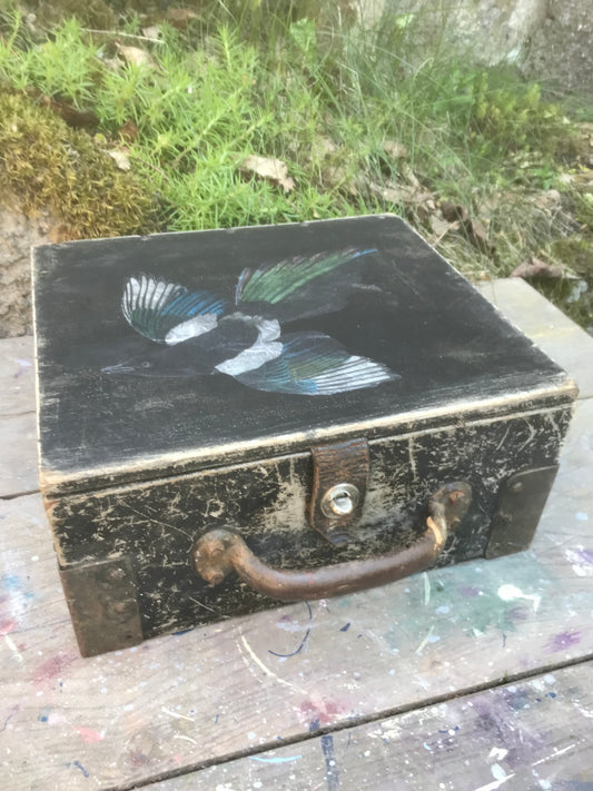 Vintage box in original black paint with Magpie decoupage
