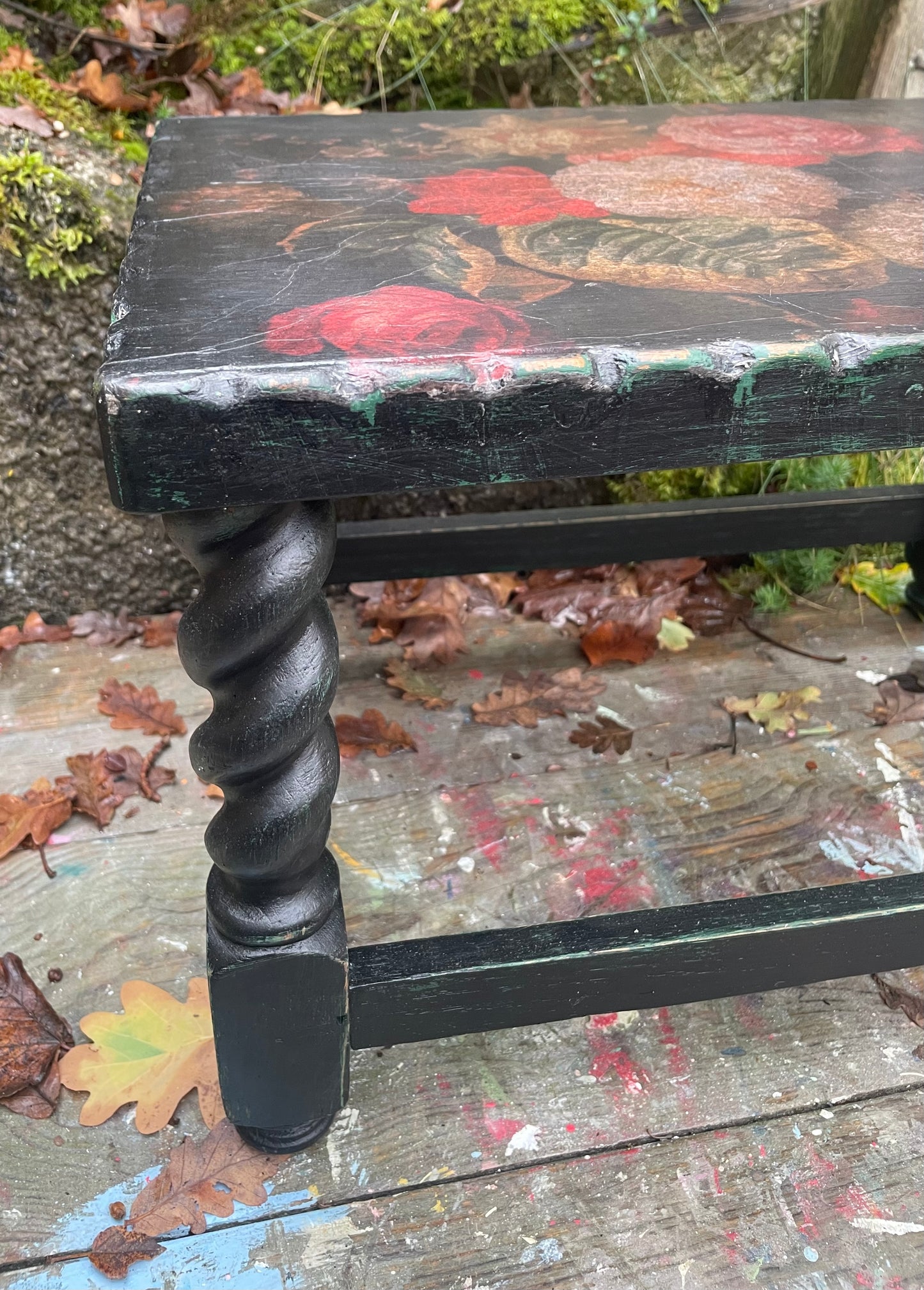 Dark Florals Vintage coffee / side table in green and black with a vintage florals decoupaged top