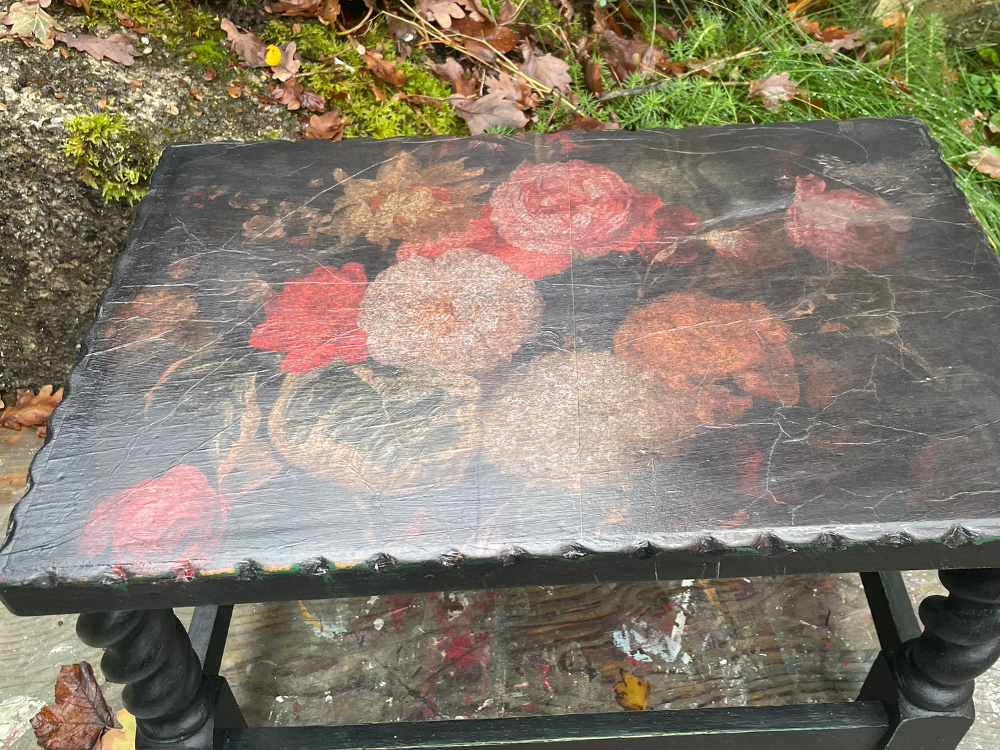 Dark Florals Vintage coffee / side table in green and black with a vintage florals decoupaged top