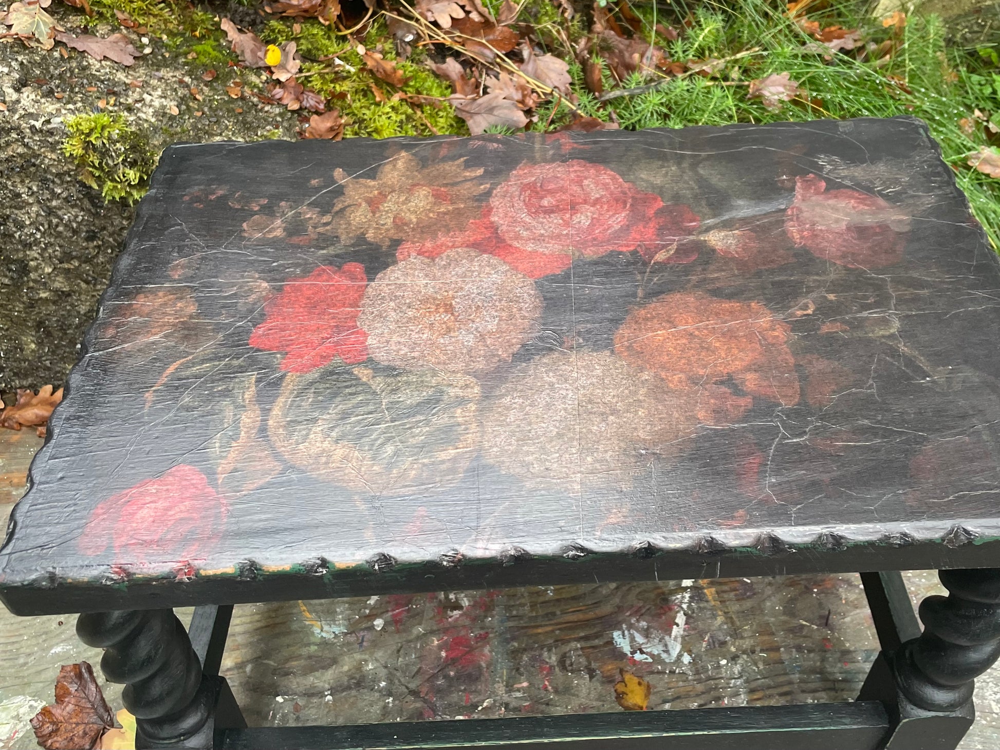 Dark Florals Vintage coffee / side table in green and black with a vintage florals decoupaged top
