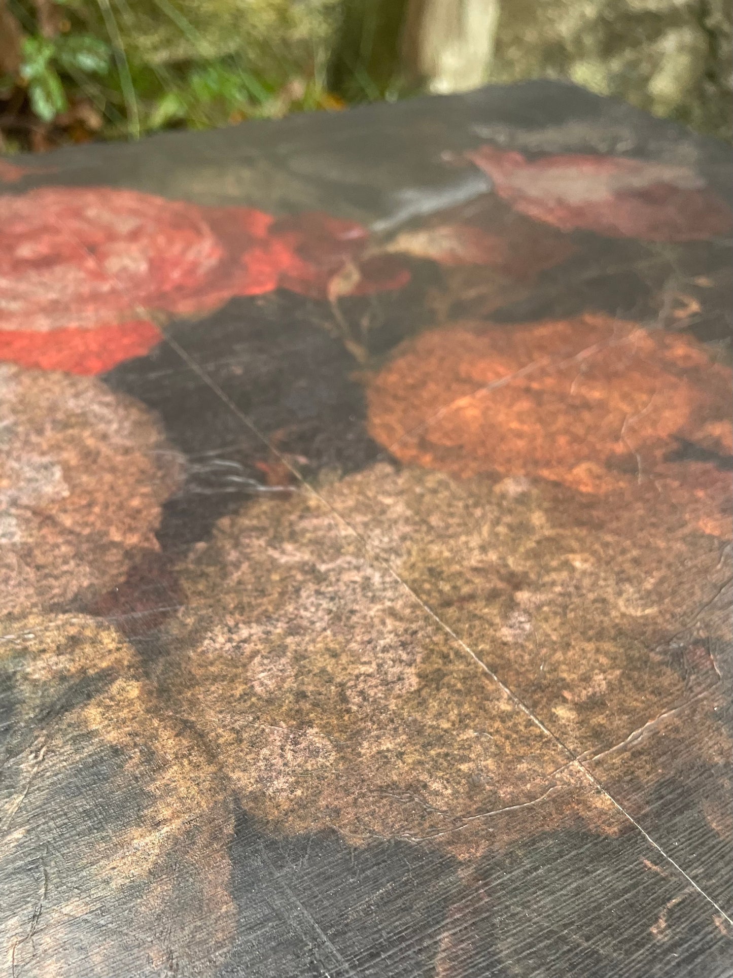 Dark Florals Vintage coffee / side table in green and black with a vintage florals decoupaged top