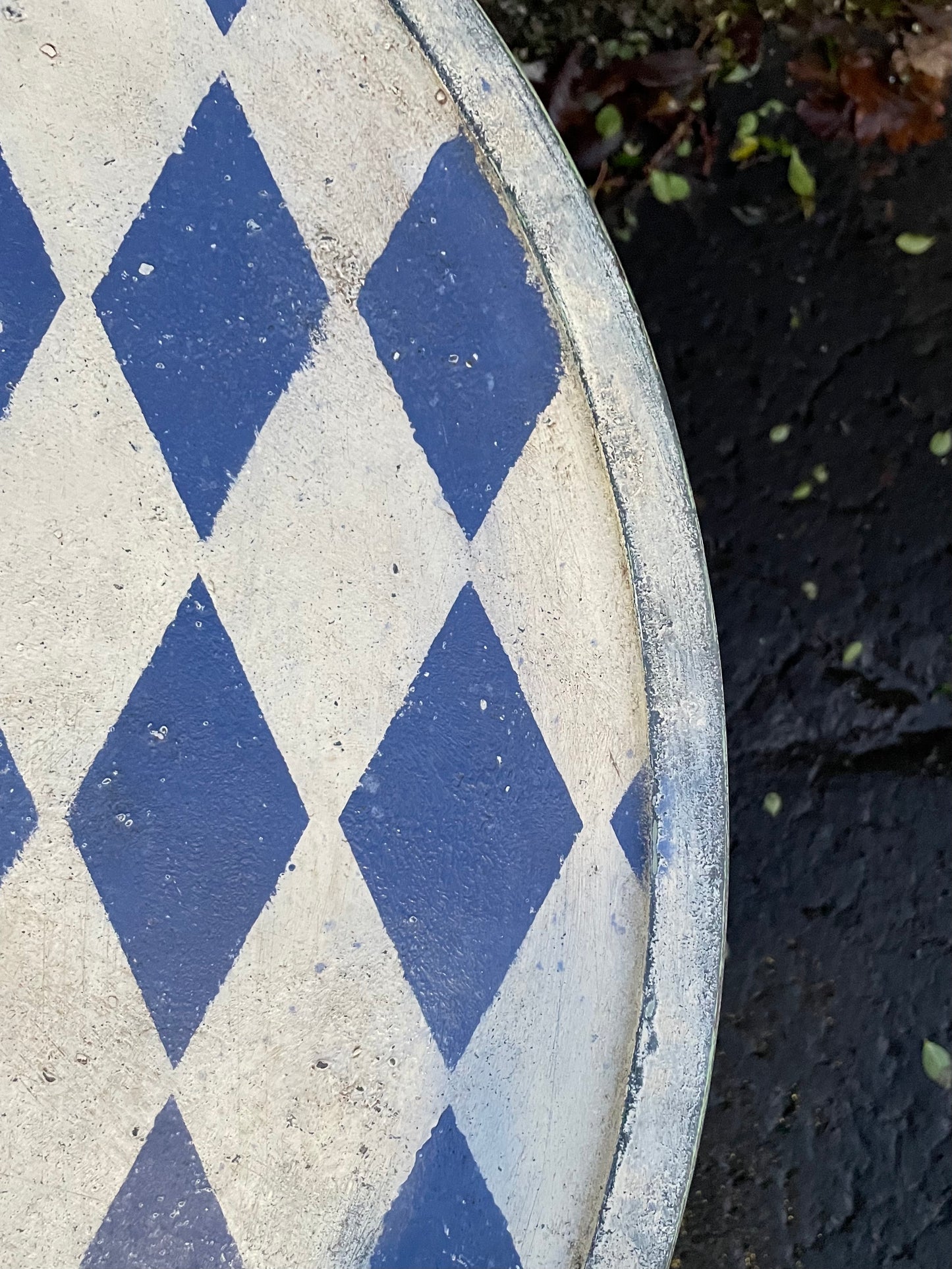 Vintage coffee table painted in a textured patina with french diamond stencil design.