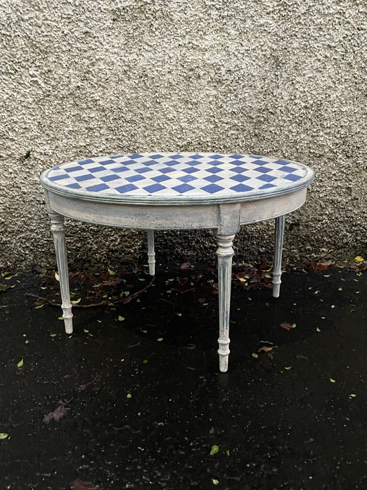 Vintage coffee table painted in a textured patina with french diamond stencil design.