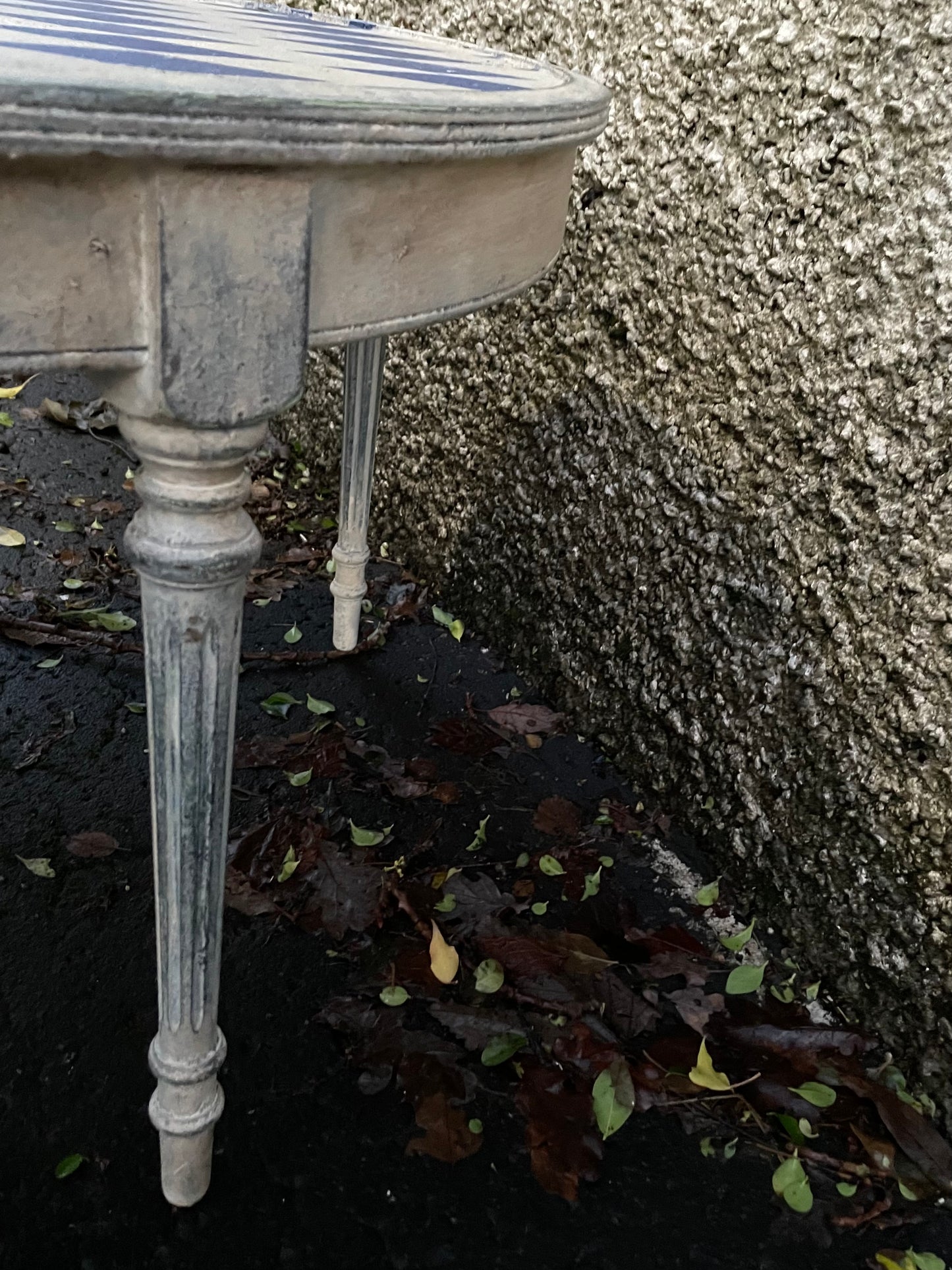 Vintage coffee table painted in a textured patina with french diamond stencil design.