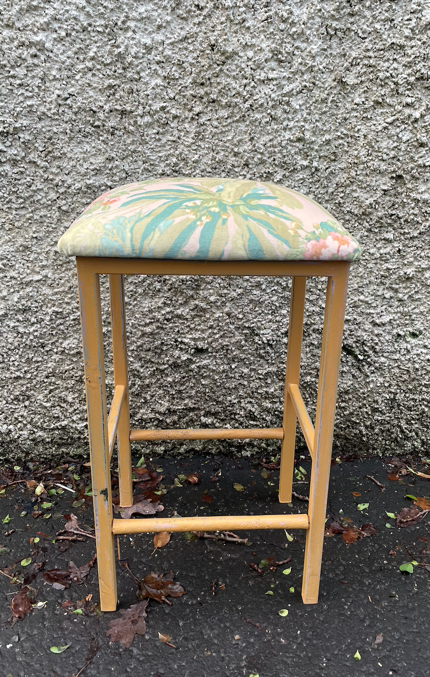 Vintage metal stool with tropical velvet seat pad