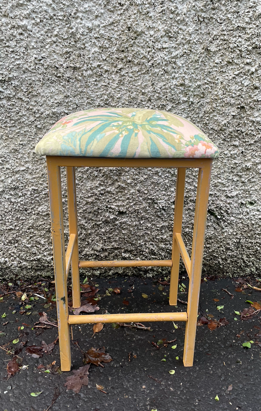 Vintage metal stool with tropical velvet seat pad