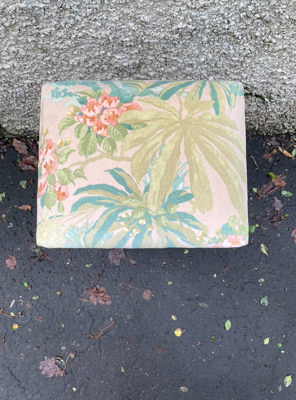 Vintage metal stool with tropical velvet seat pad