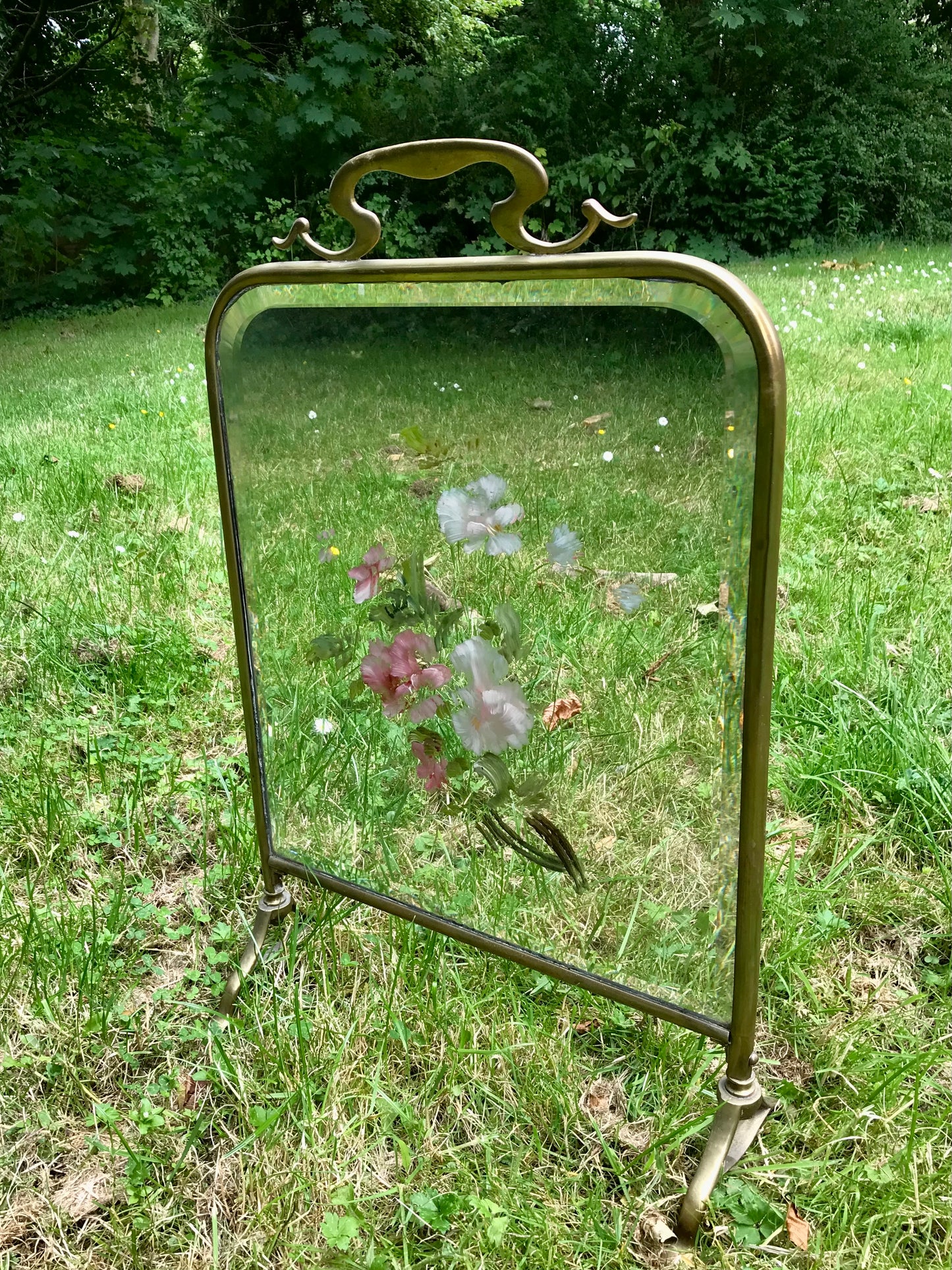 Vintage painted glass fire screen