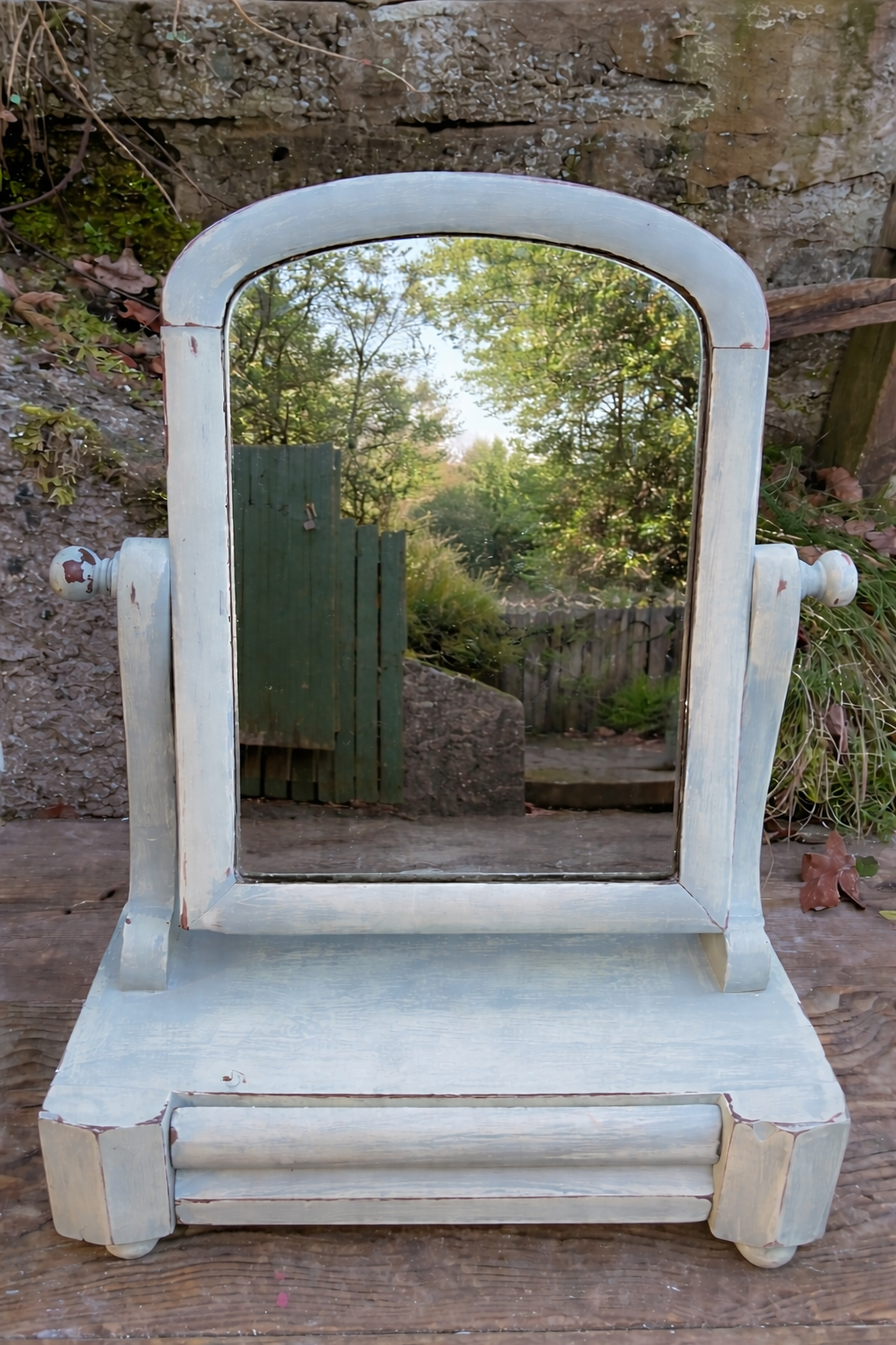 Vintage painted green and blue distressed dressing table mirror.
