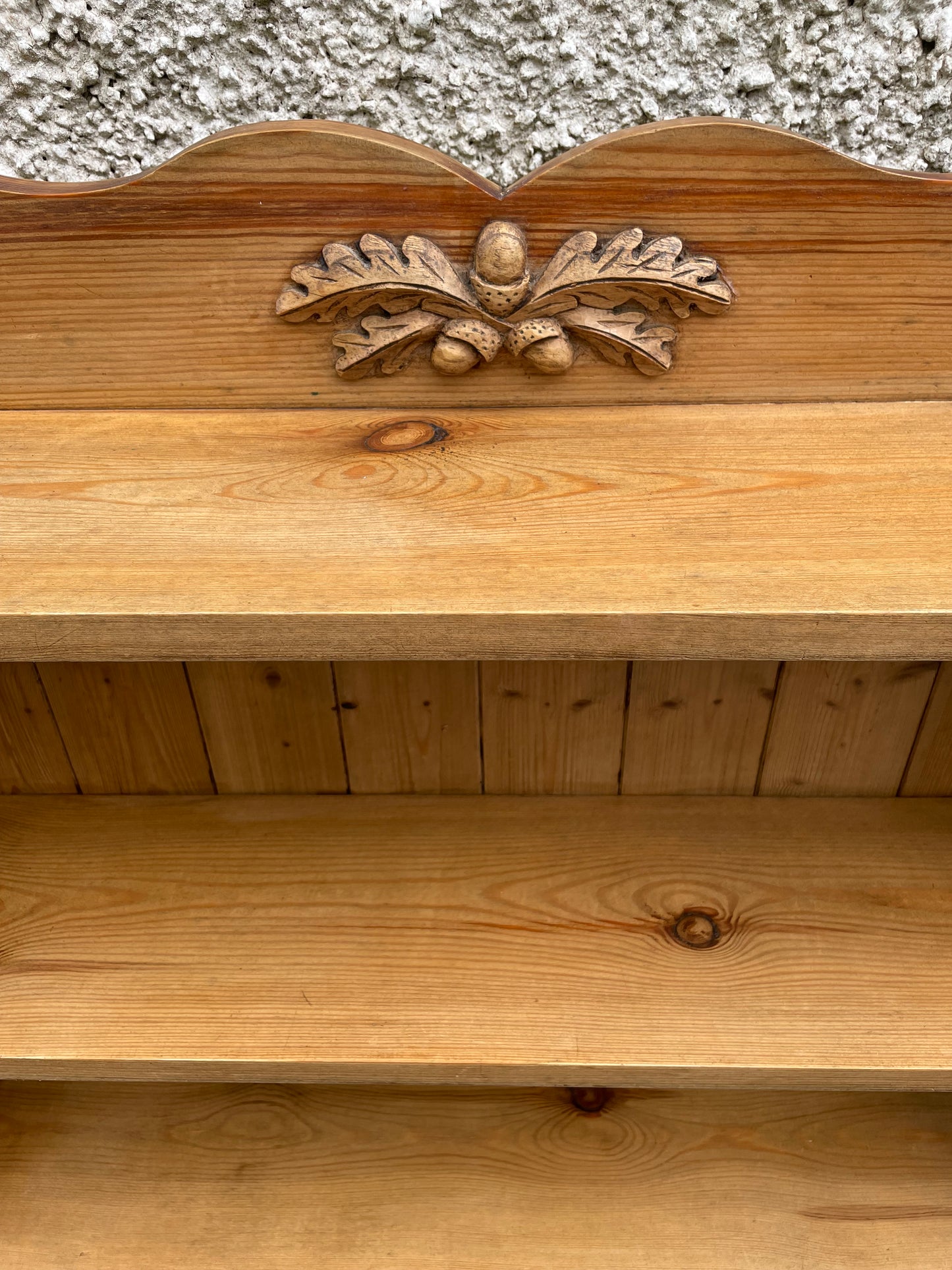 Vintage pine antique waxed book case with acorn carved detail