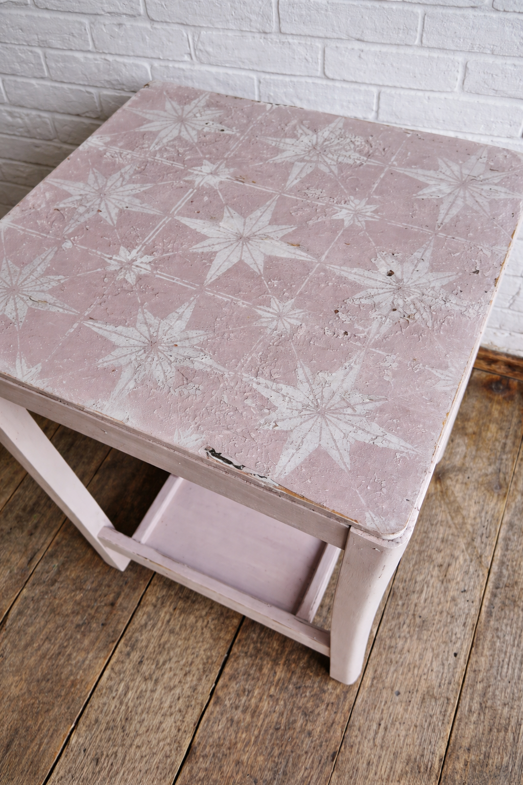 Vintage rustic stencilled side table / drinks trolley / bedside