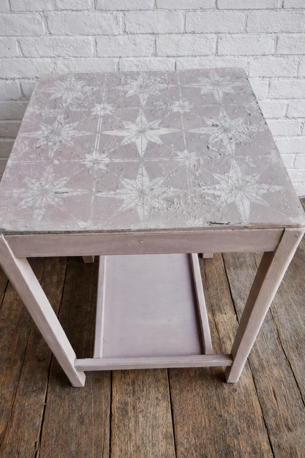 Vintage rustic stencilled side table / drinks trolley / bedside