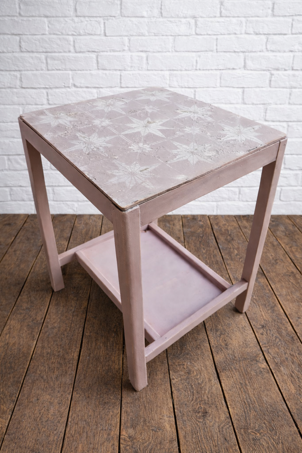 Vintage rustic stencilled side table / drinks trolley / bedside