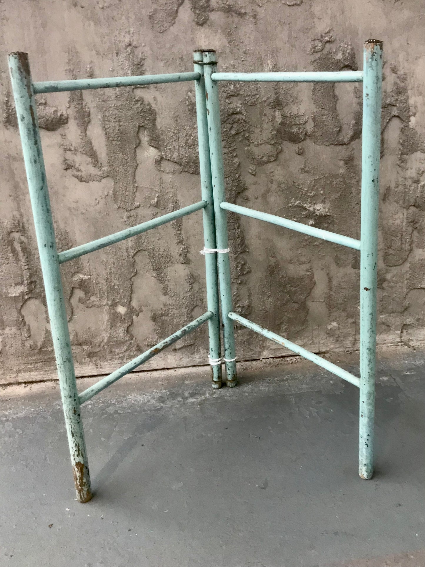 Vintage towel rail drying rack hand in original sky blue chippy paint