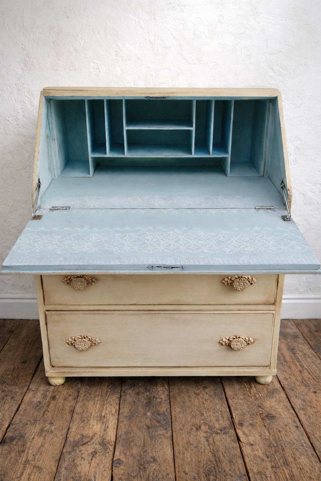 Vintage writing bureau painted in soft creamy yellow and antique waxed to finish