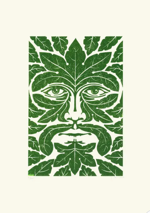 Green Man Linocut Print by James Brown