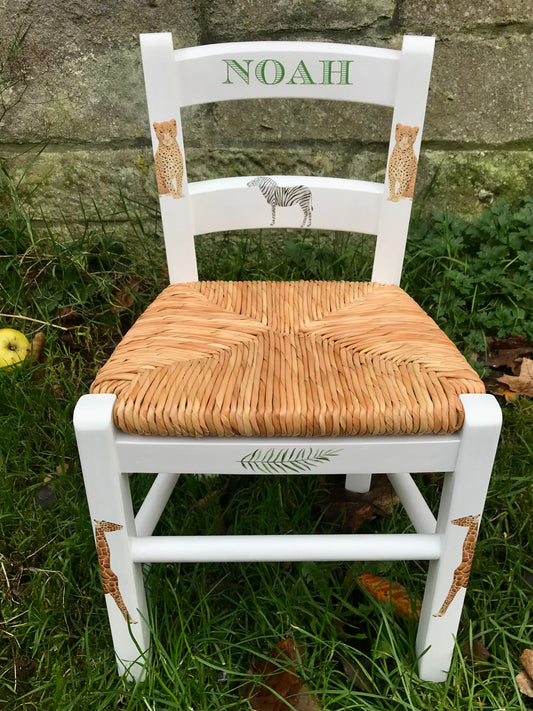 Rush seat personalised children's chair - On Safari theme - made to order