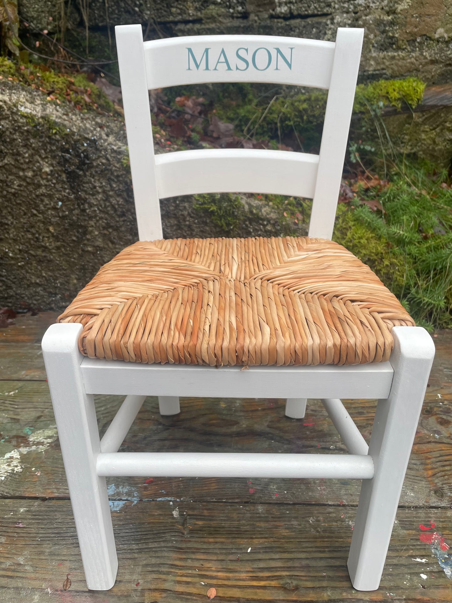 Children's personalised hand painted wooden rush seat chair with your child's initials or name and date of birth - painted to order