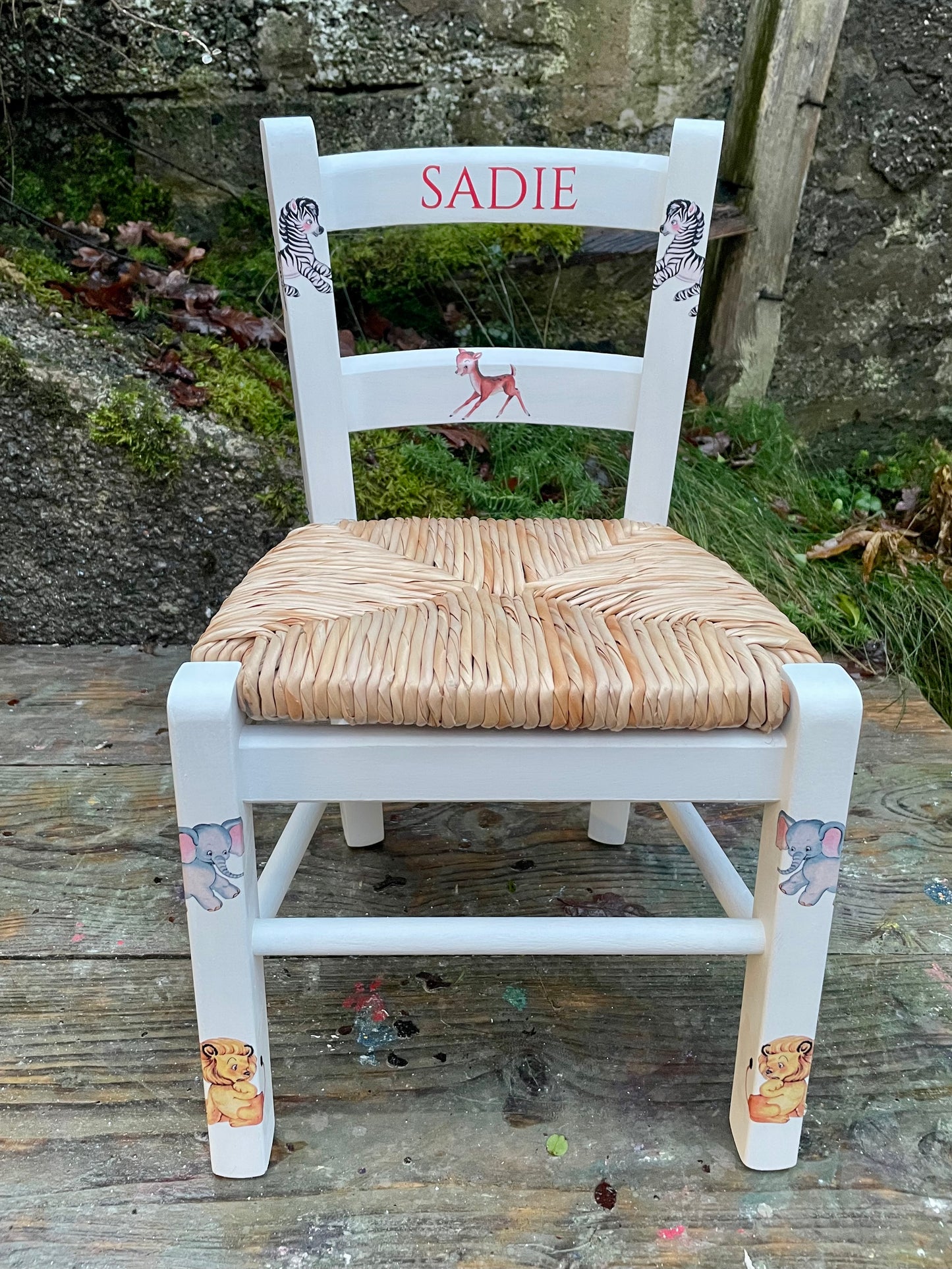 Rush seat personalised children's chair - cute  retro animals theme - made to order