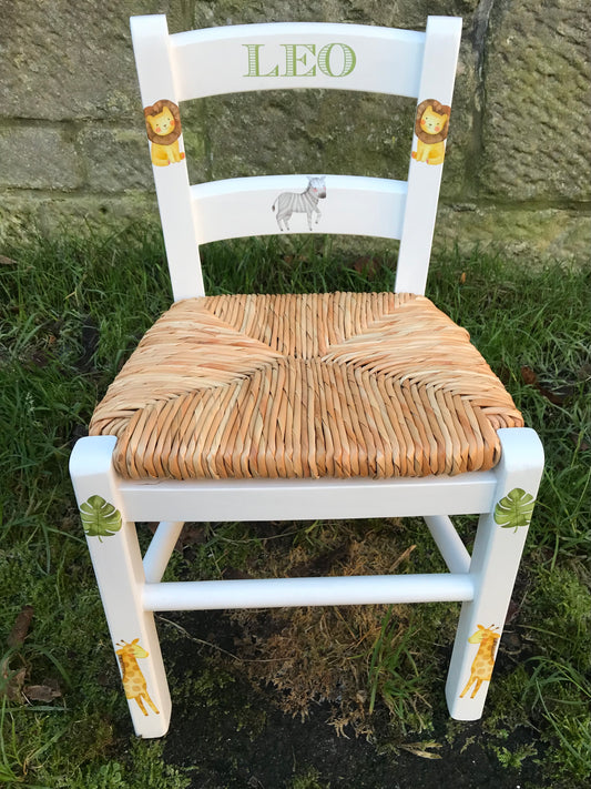 Rush seat personalised children's chair - Sweet Safari theme - made to order