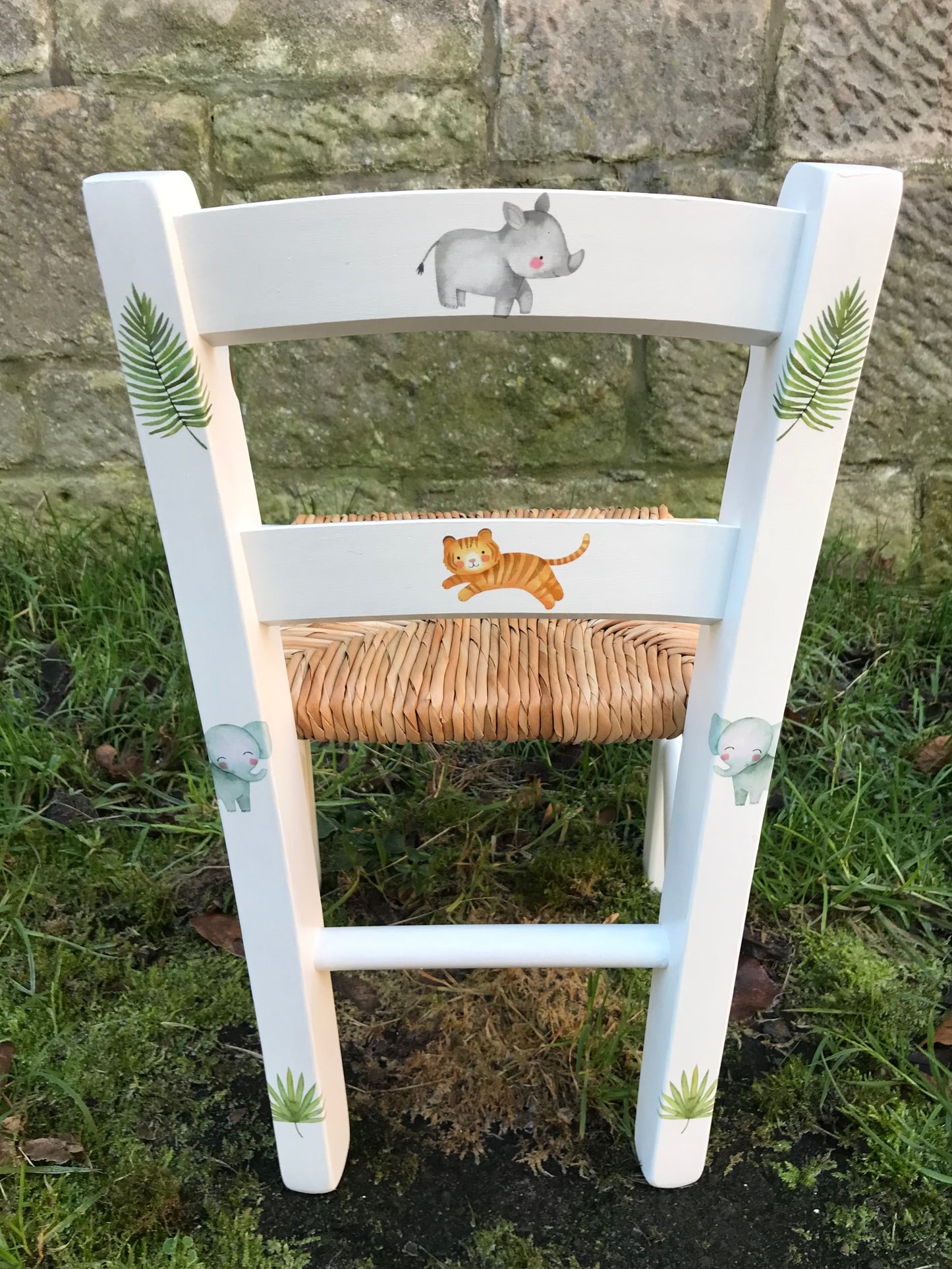 Rush seat personalised children's chair - Sweet Safari theme - made to order