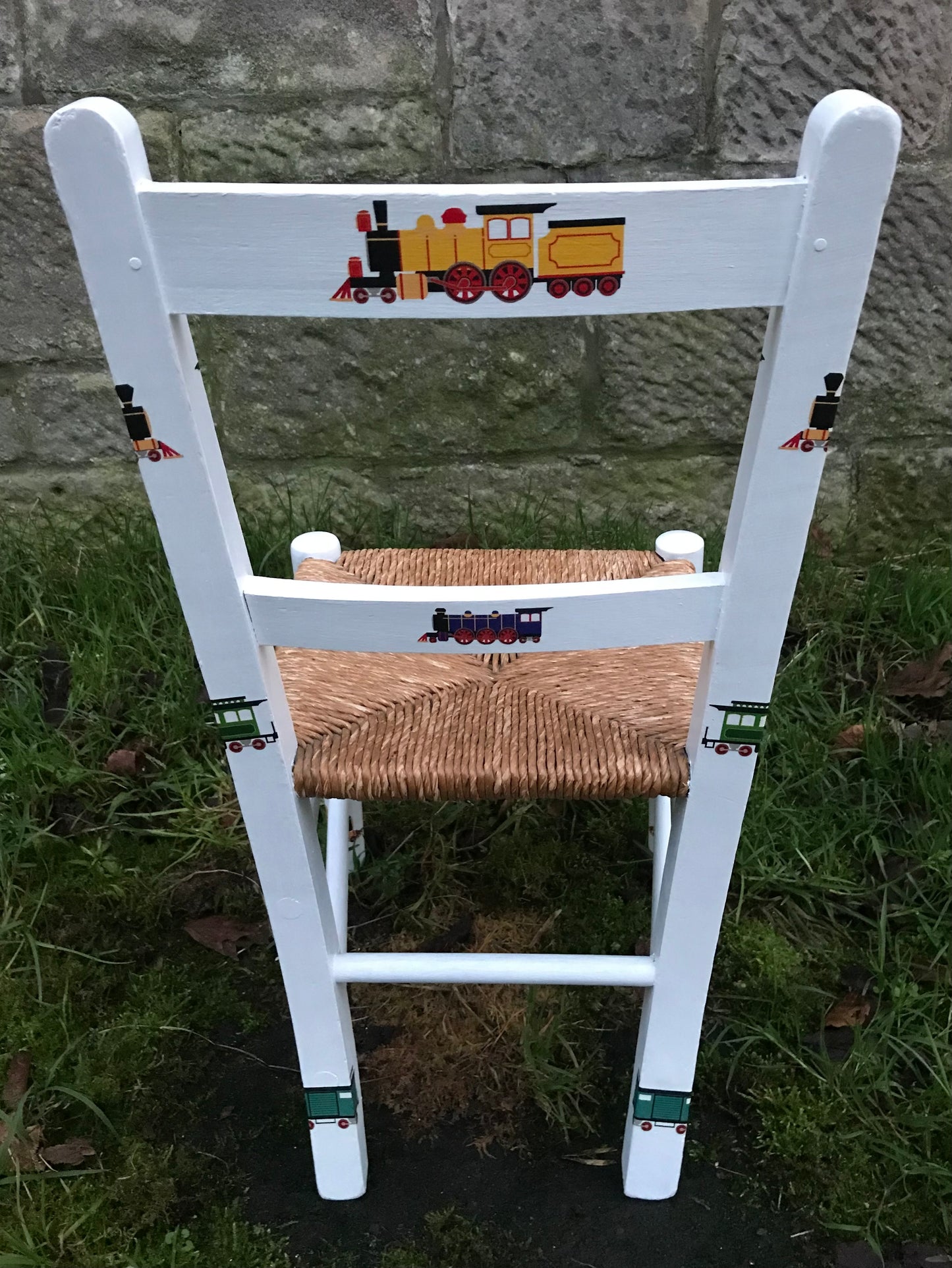 Rush seat personalised children's chair - Vintage Train theme - made to order