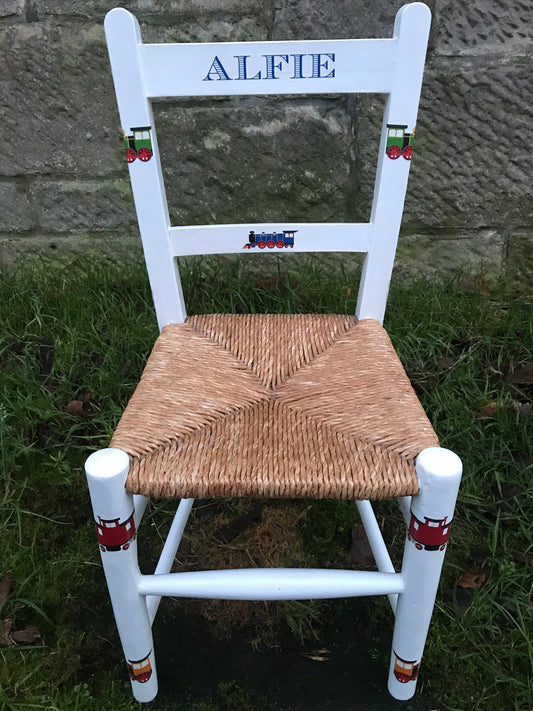 Rush seat personalised children's chair - Vintage Train theme - made to order