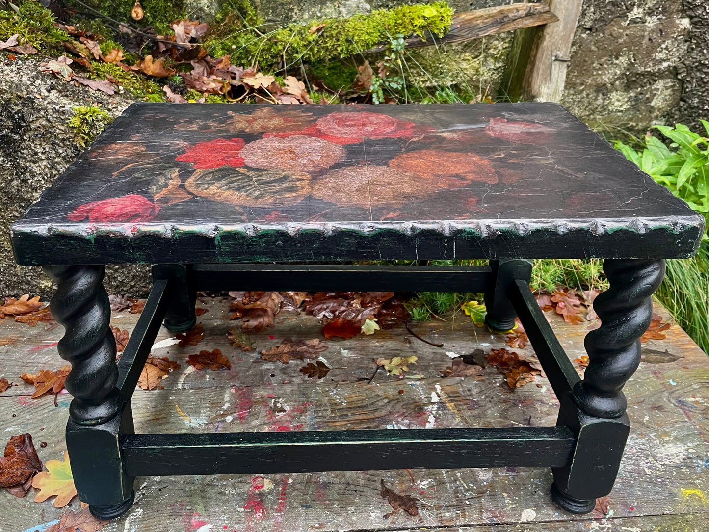 Dark Florals Vintage coffee / side table in green and black with a vintage florals decoupaged top