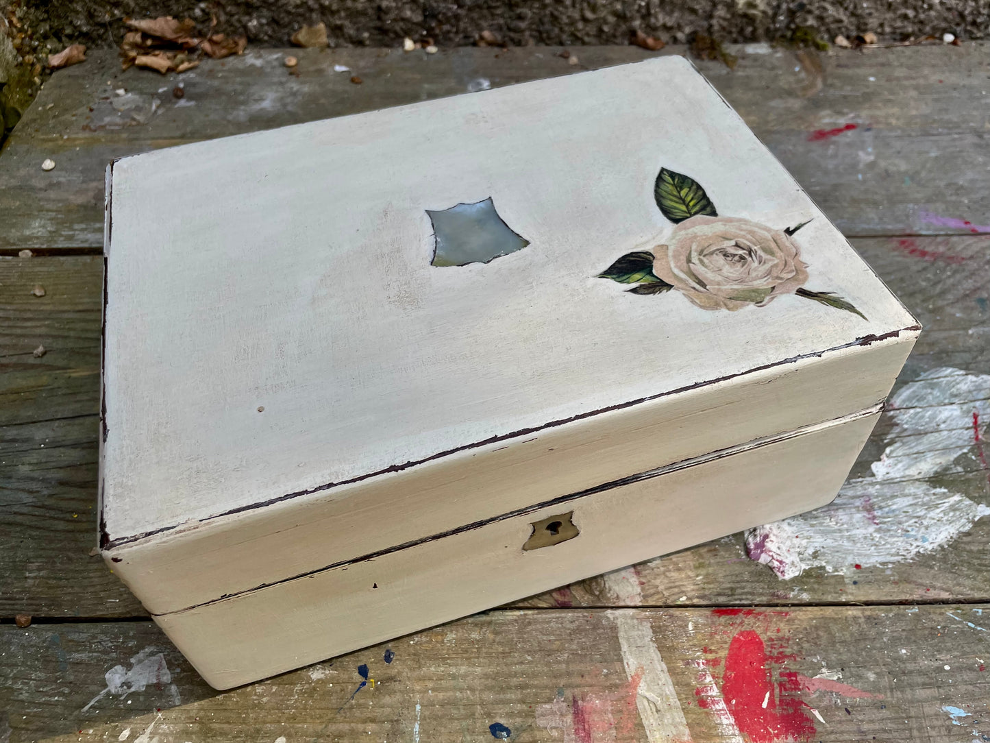 Vintage painted keepsake box with rose decoupage