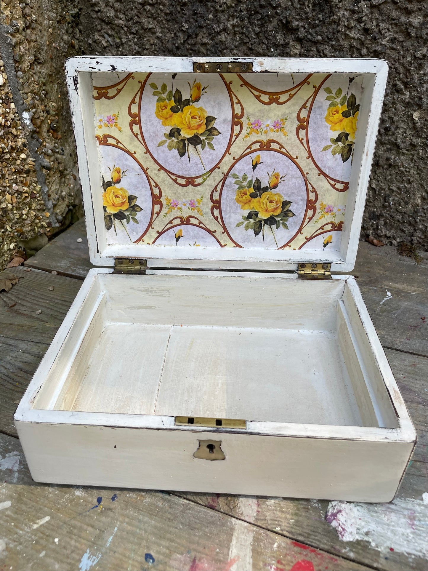 Vintage painted keepsake box with rose decoupage