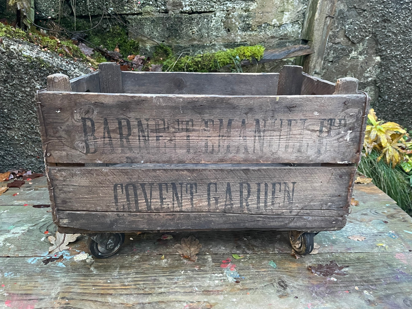 vintage wooden crate on wheels