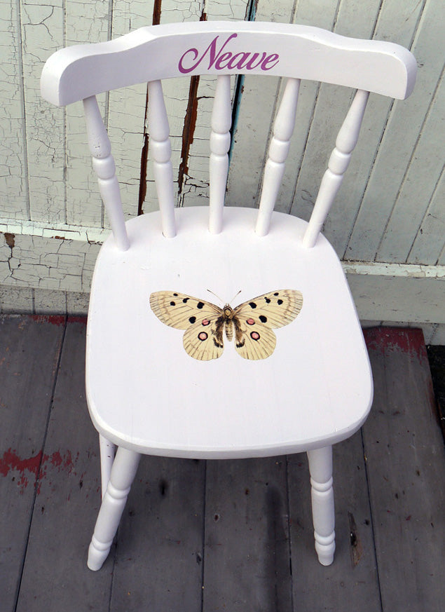 Children's little personalised wooden nursery school chair with vintage butterfly theme and your child's name