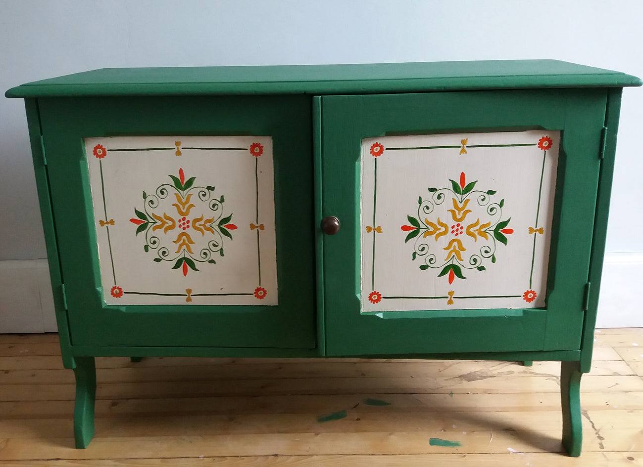 Original hand painted folk art pine cabinet great for storing Vinyl!