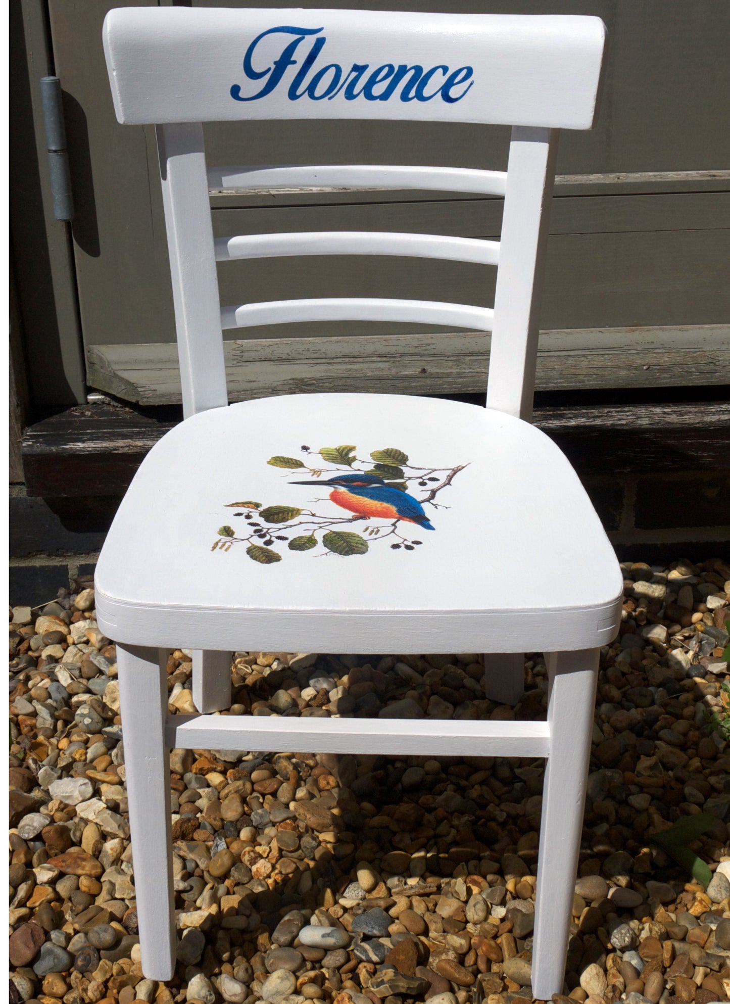 Children's personalised upcycled wooden nursery school chair with vintage bird theme and your child's name