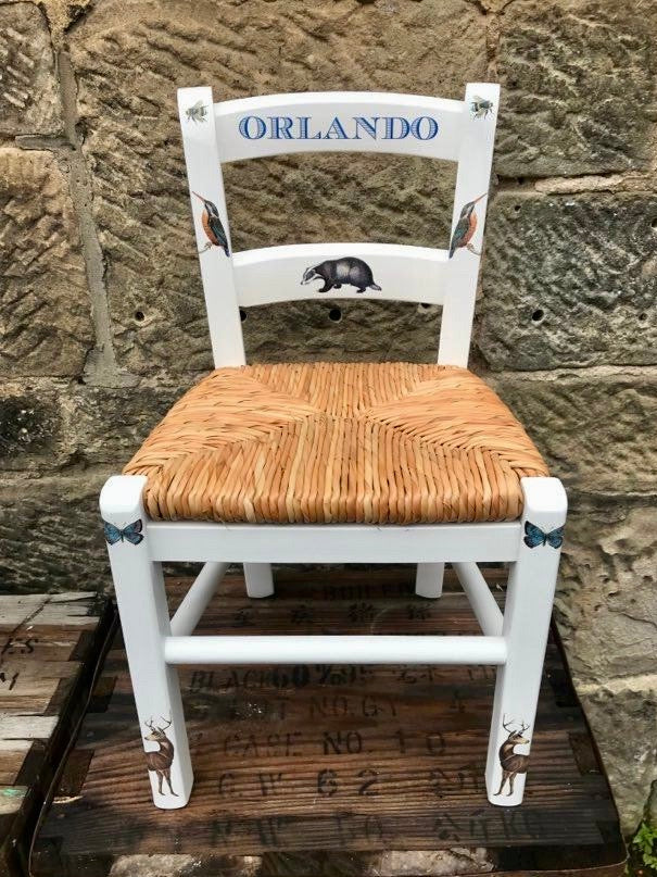 Rush seat personalised children's chair - Woodland Walk Theme - made to order