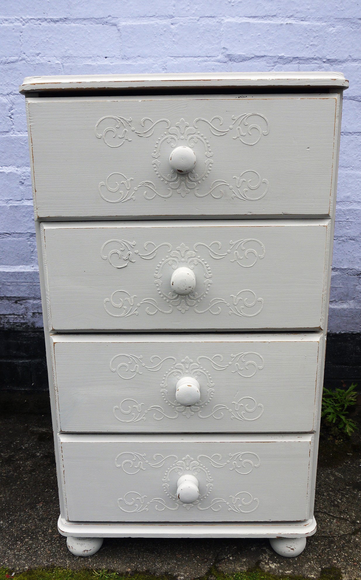 Vintage tall bedside cabinet with embossed stencil design