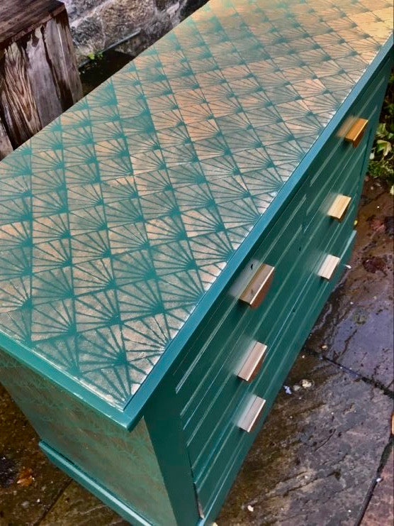 Commission for Kathleen painted and stencilled art deco mid century chest of drawers.