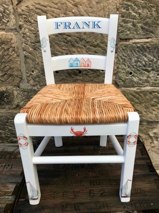 Rush seat personalised children's chair - Beside the sea theme - made to order