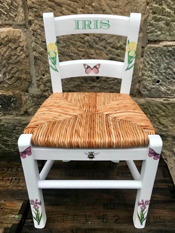 Rush seat personalised children's chair - Iris theme - made to order