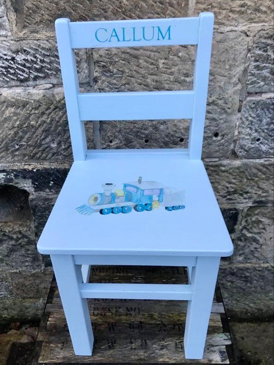 Commission for Lyndsay - painted school chair with train theme