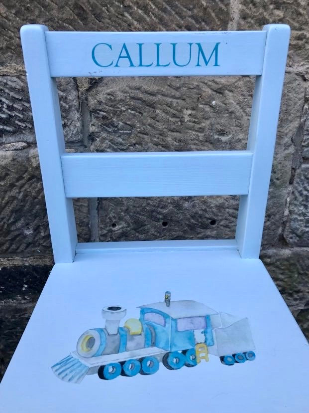 Children's personalised wooden nursery school chair with train theme and your child's name