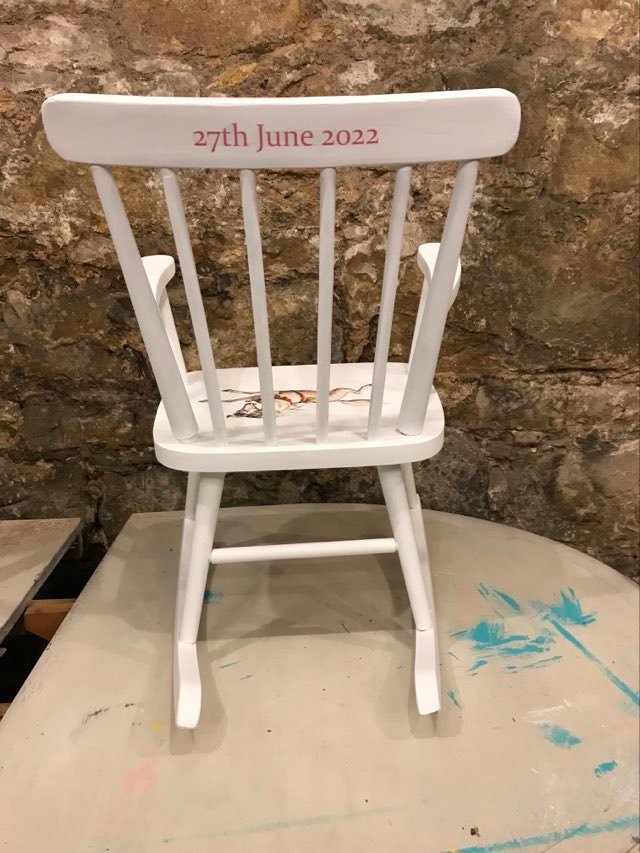 Child's personalised vintage wooden rocking chair with your child's name upcycled and custom made to order - vintage circus horse theme.