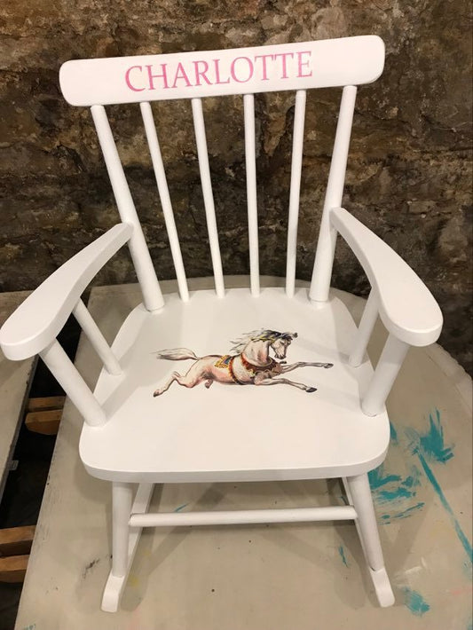 Child's personalised vintage wooden rocking chair with your child's name upcycled and custom made to order - vintage circus horse theme.