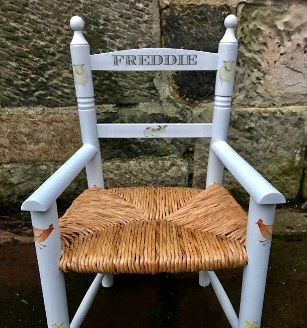 Rush seat personalised children's chair - Cute Farm theme - made to order