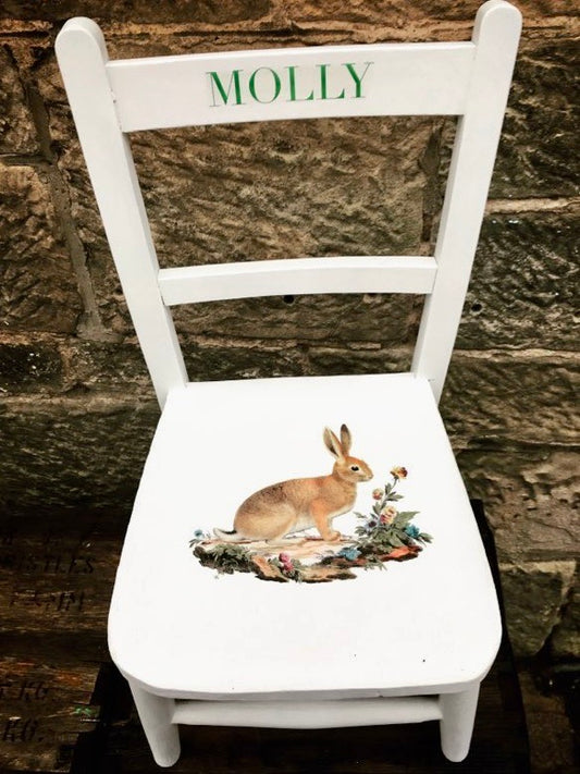 Children's personalised upcycled  wooden school chair - Field Rabbit theme