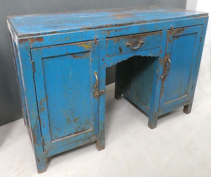 Beautiful antique indian teak painted desk with original blue chippy paint