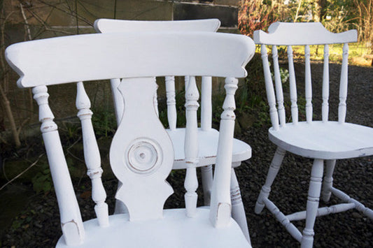 6 x vintage missmatched dining chairs in white by Emily Rose Vintage