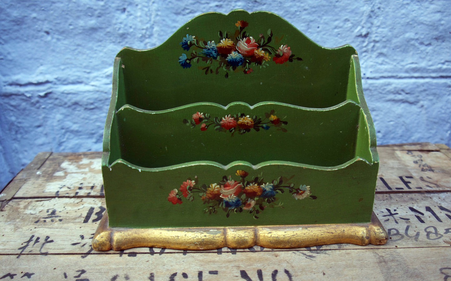 Antique Italian Letter Holder - Green Hand Painted Wood