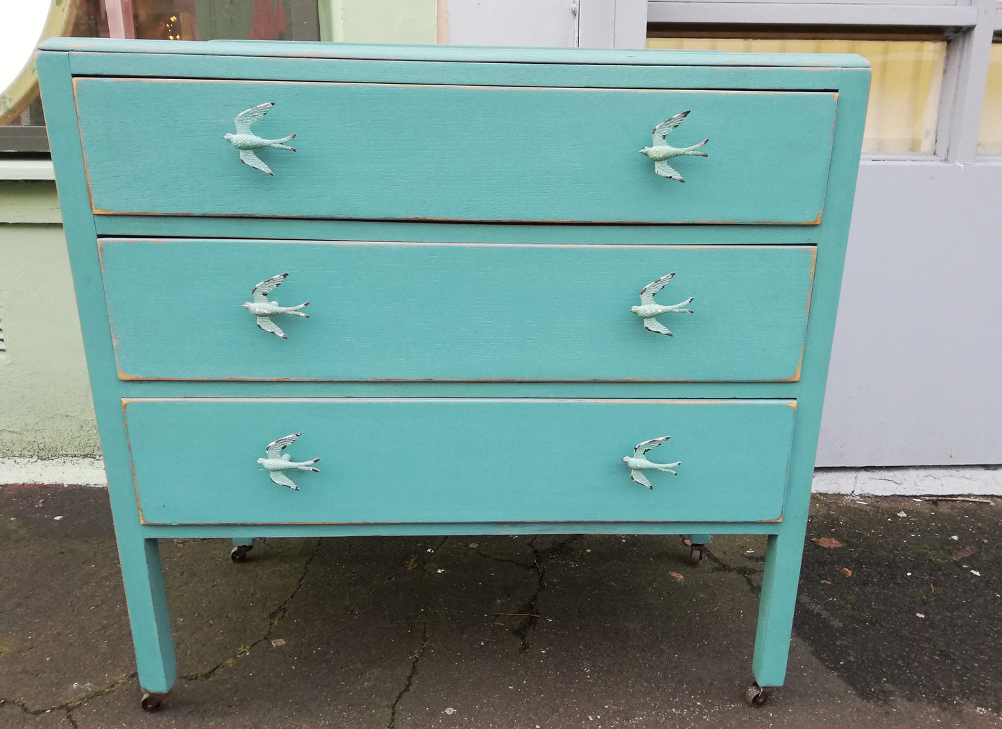 Custom Listing for Sarah-Jane Vintage Chest Of Drawers painted turquoise with bird handles and botanical drawer lining.